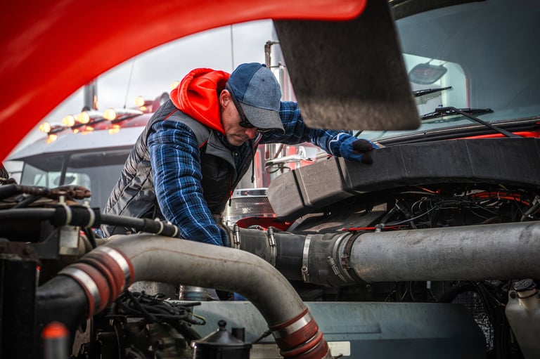 Mechanic inspecting a truck engine